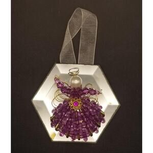 Vintage Beaded Angel Ornament on Octagon Mirror 3.5" Beads Handmade Purple